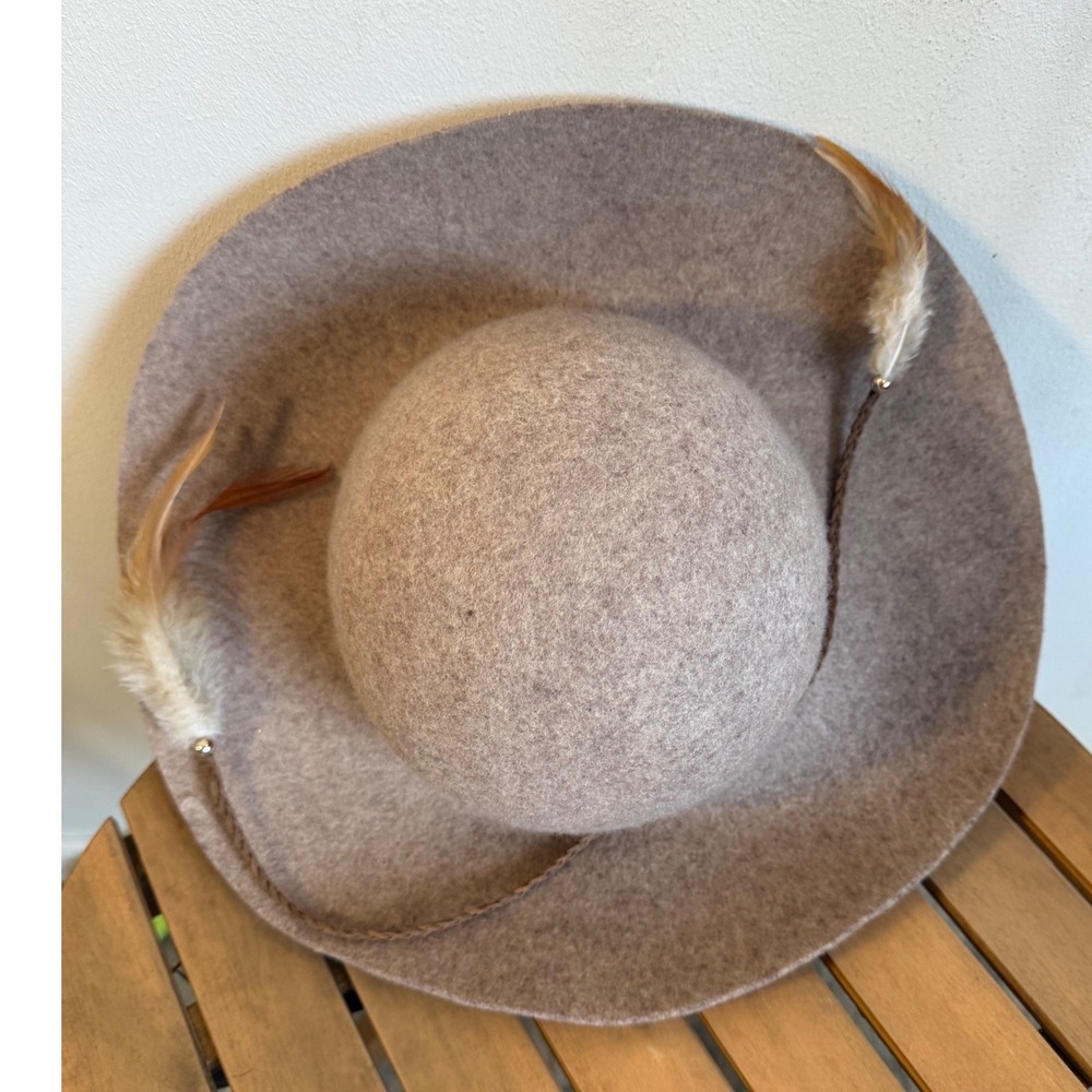 American Eagle Outfitters Wool Felt Floppy Hat Taupe Mushroom Feather One Size - Picture 10 of 12